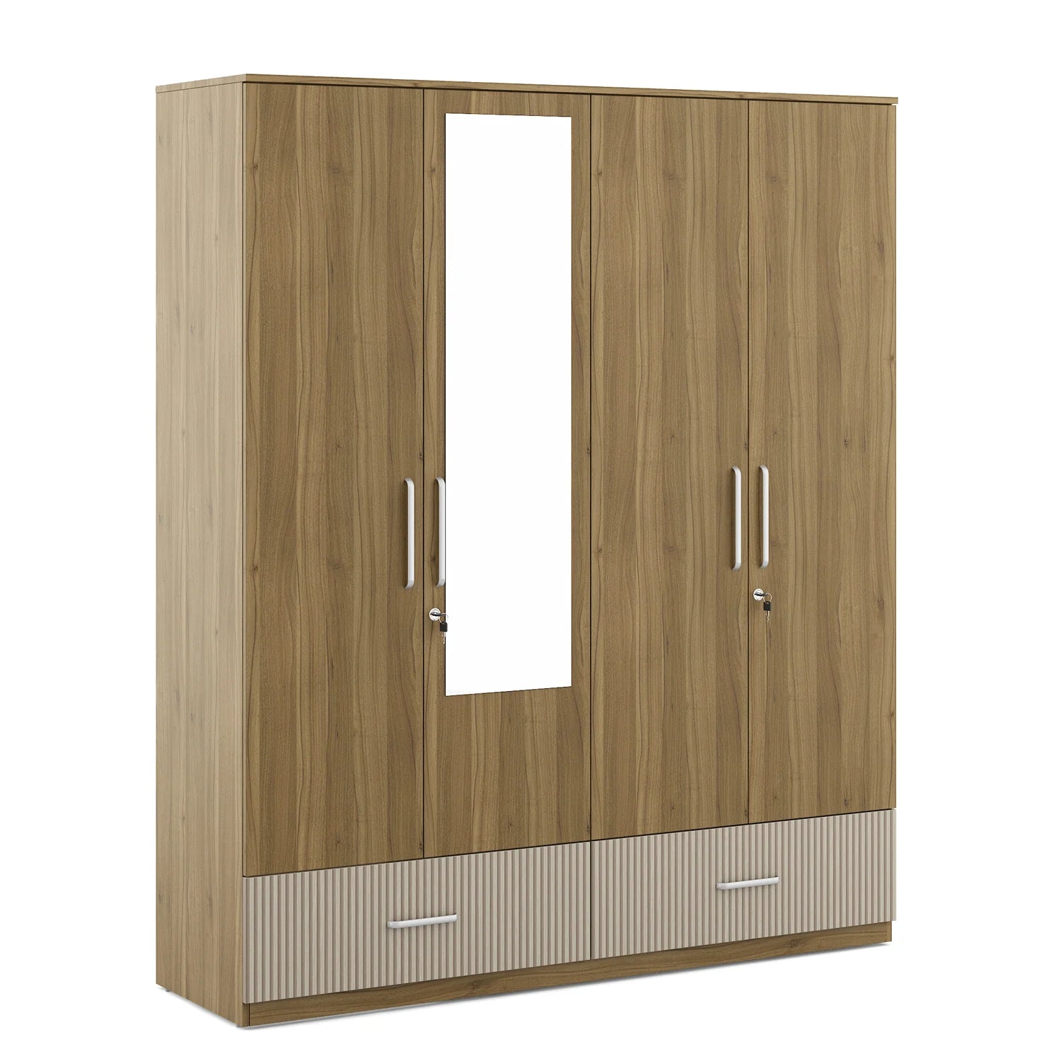 Wardrobe for Home 4-Door Modern Look, Luxurious High-Gloss Finish and Metallic Touch Handles