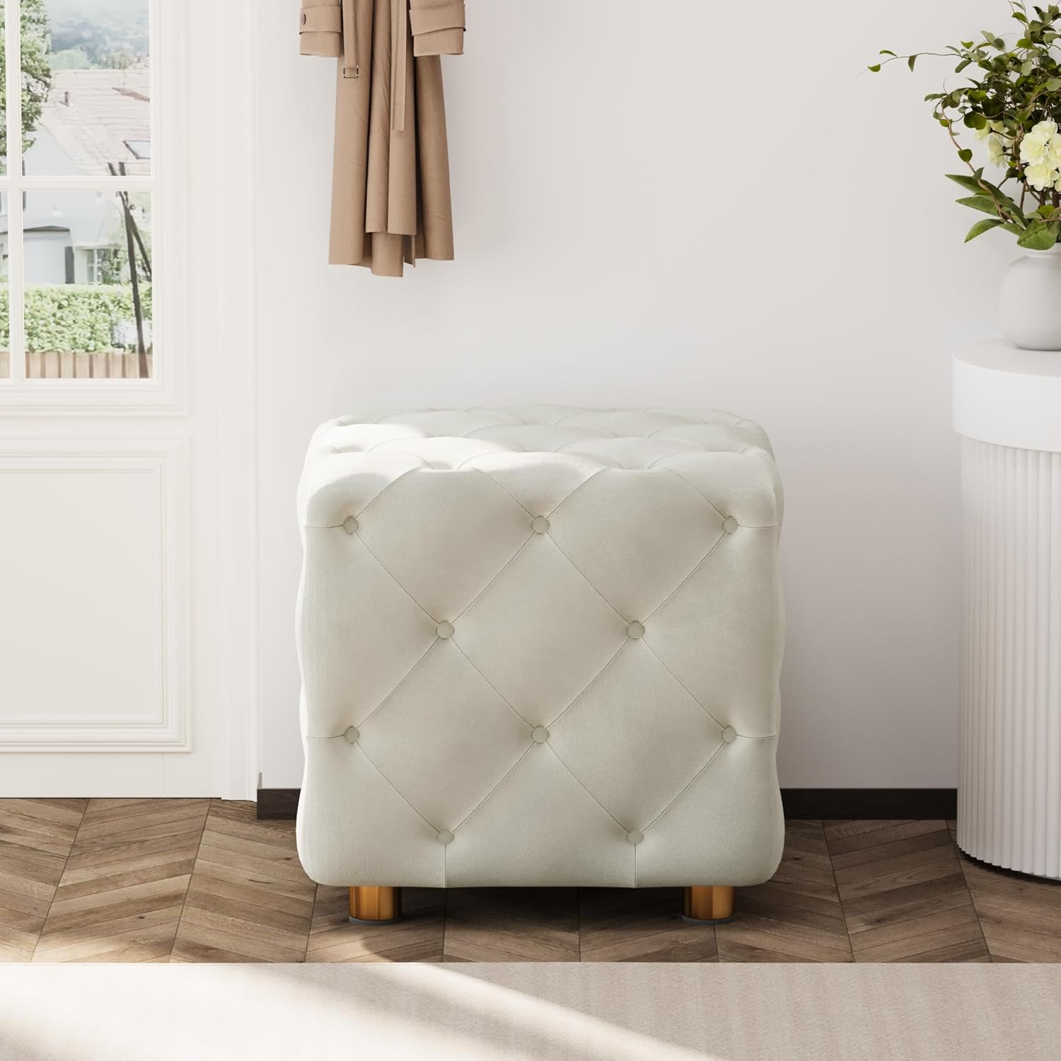 Ottoman For Home Furniture Upholstery Velvet, Foot Rest Modern And Durable Design Comfortable Seating & with Storage for Living Room - Off White