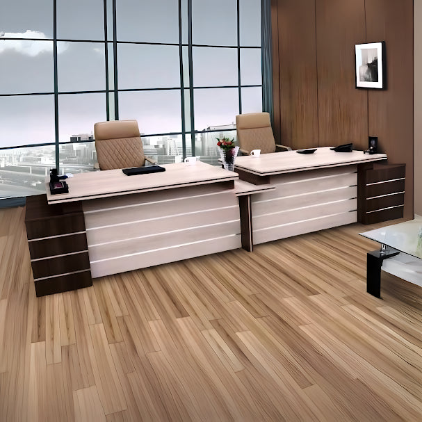 Partner Director Desk with Double Seating, Integrated Side Storage, Drawers, and Professional Design