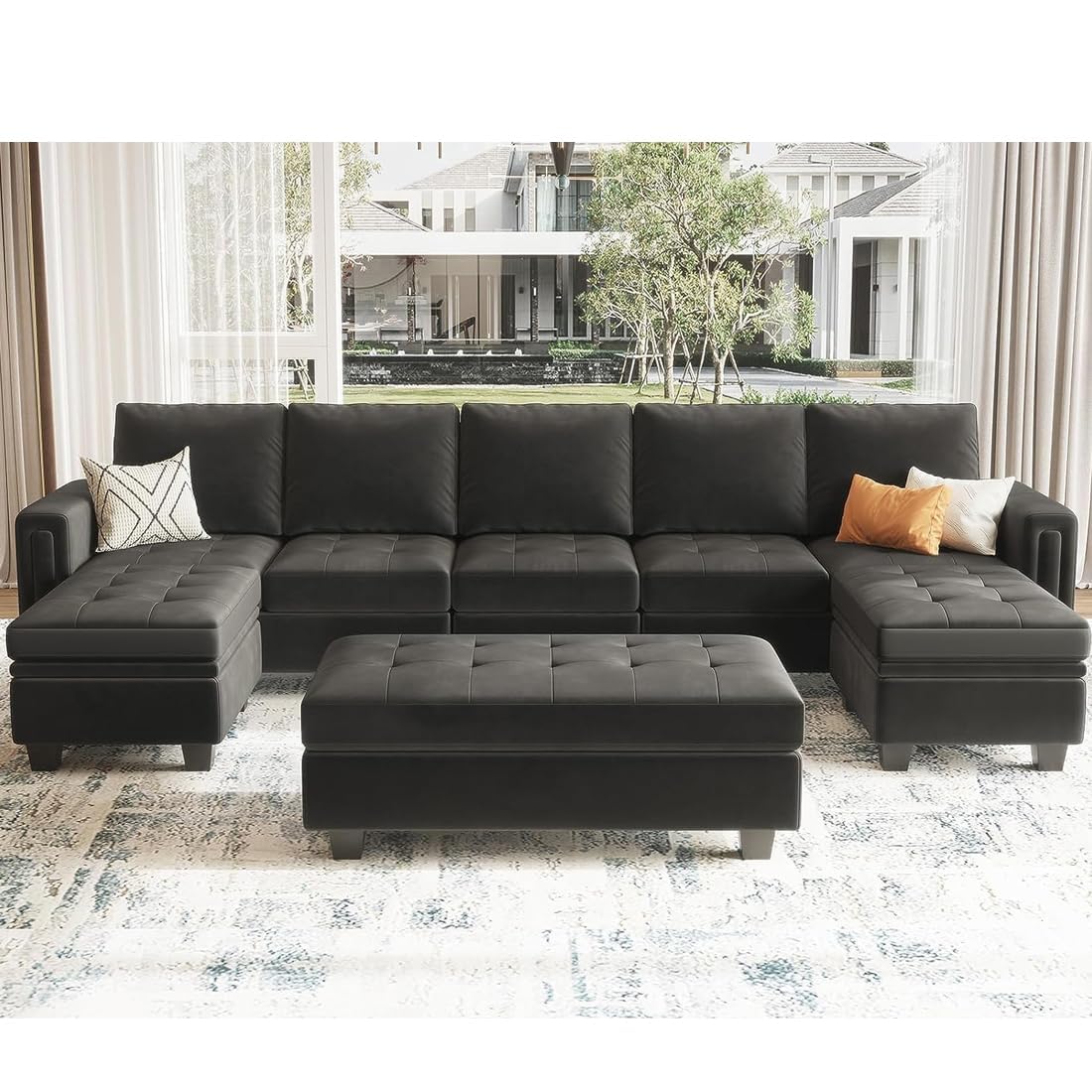 3 Seater U Shape Sofa For Home Furniture, Upholstery Fabric Modern And Durable Design For Living Room and Office- Black