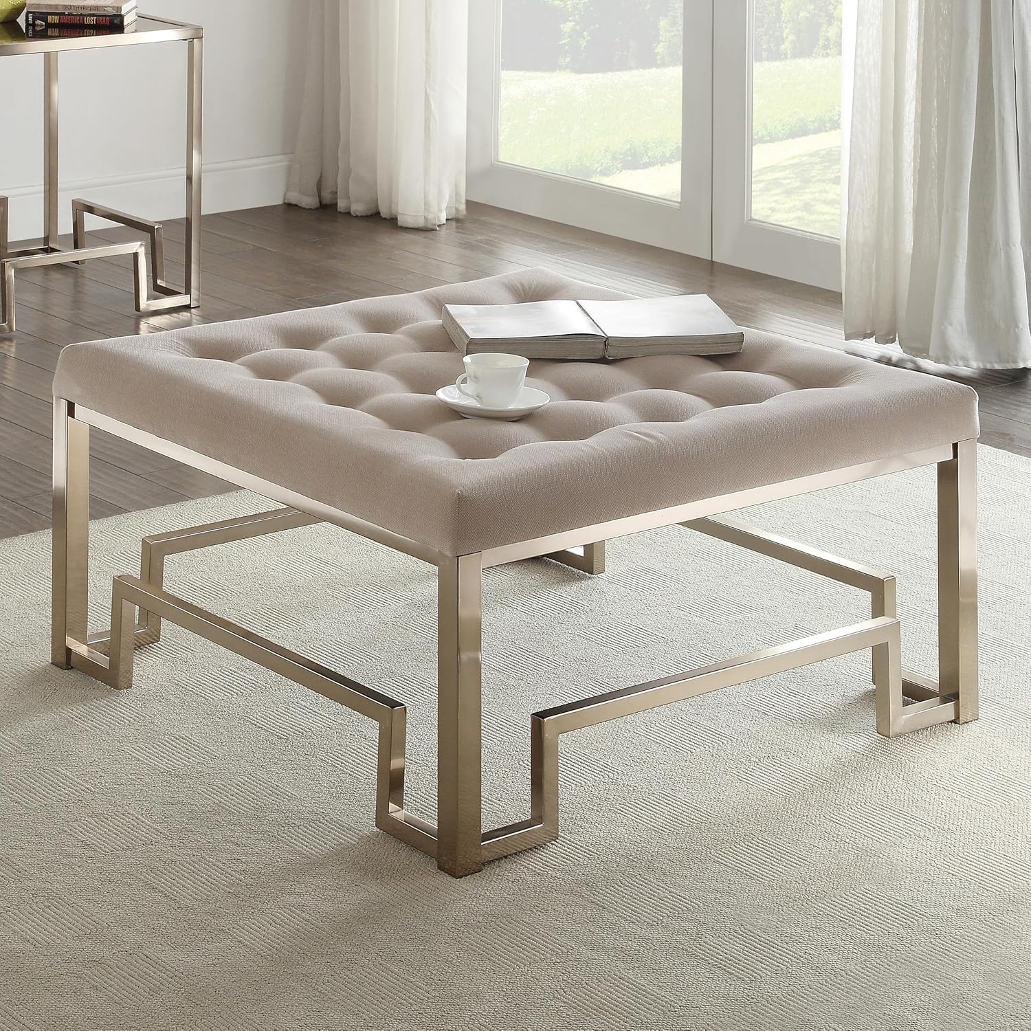 Modern Tufted Square Ottoman Coffee Table with Geometric Gold Metal Base – Elegant Living Room Pouffe