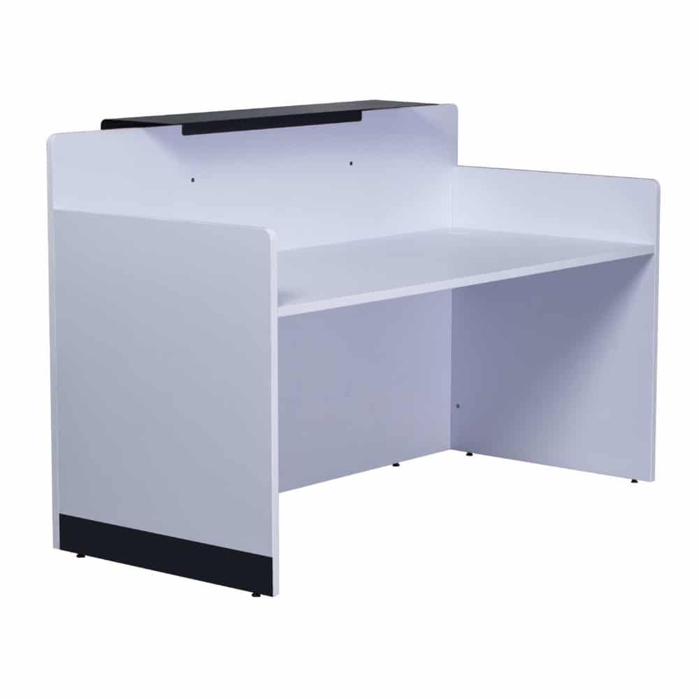 Reception Table for Office and Hotel Front Desk Made in Engineered Wood & Black Powder Coated Kick Plate with Wired Manager- Black & White