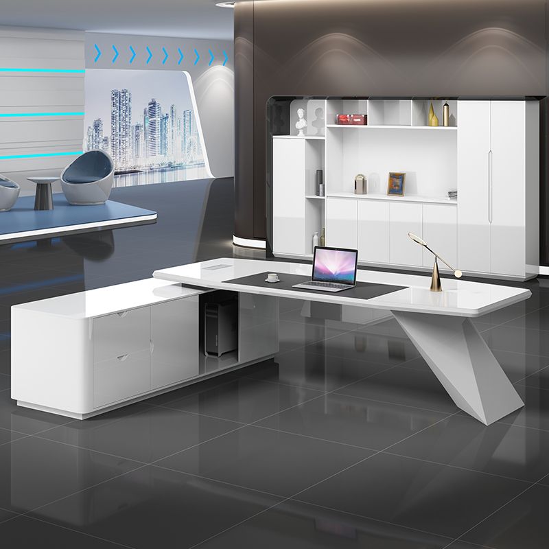 Luxury Director L-Shape Office Table Desk Made in Plywood with Veneer Wire Manager Drawers Lockable and Storage for a Modern Workspace - White