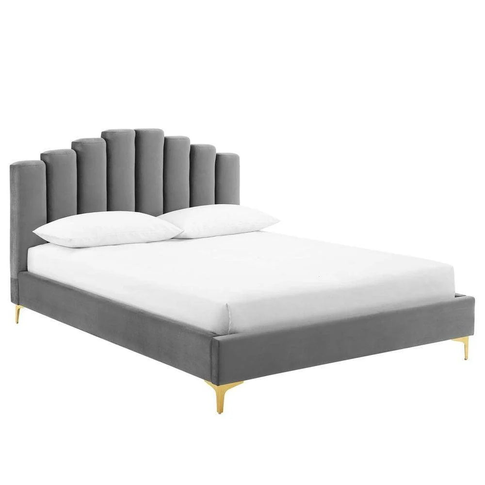 King Size Bed – Rich Velvet Upholstery, Wooden-Twist Headboard, Golden Legs, Solid Wood