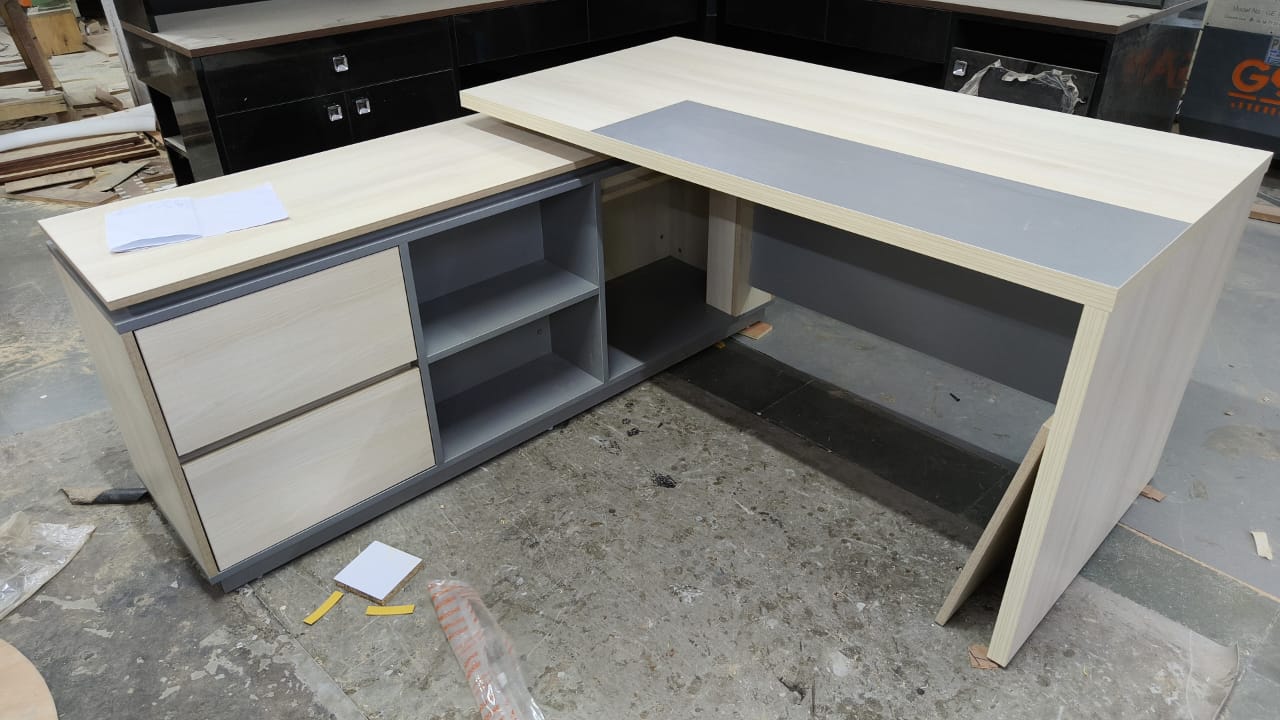 Director L-Shape Table Luxury Modern Office Desk with Made in MDF and Drawers, Shelves, and CPU Storage Space & Charcoal Black