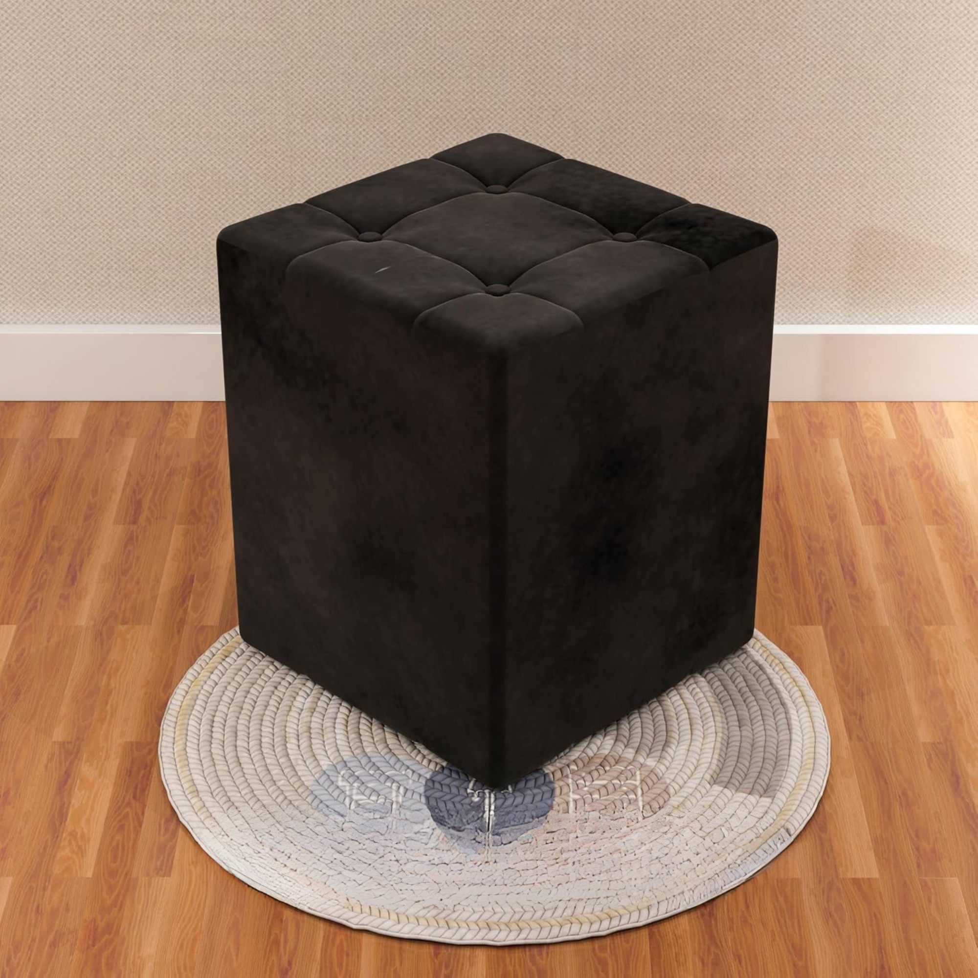Ottoman Plouffe's Modern Square Ottoman with Soft Padded Seat, Multifunctional Vanity Chairs for Makeup, Upholstery Velvet Footrest Stool - Black