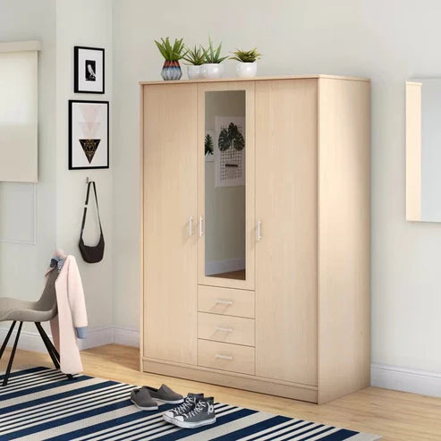 Modern Three‑Door Wardrobe with Full‑Length Mirror, Spacious Hanging Rod and Shelves, Sleek Design