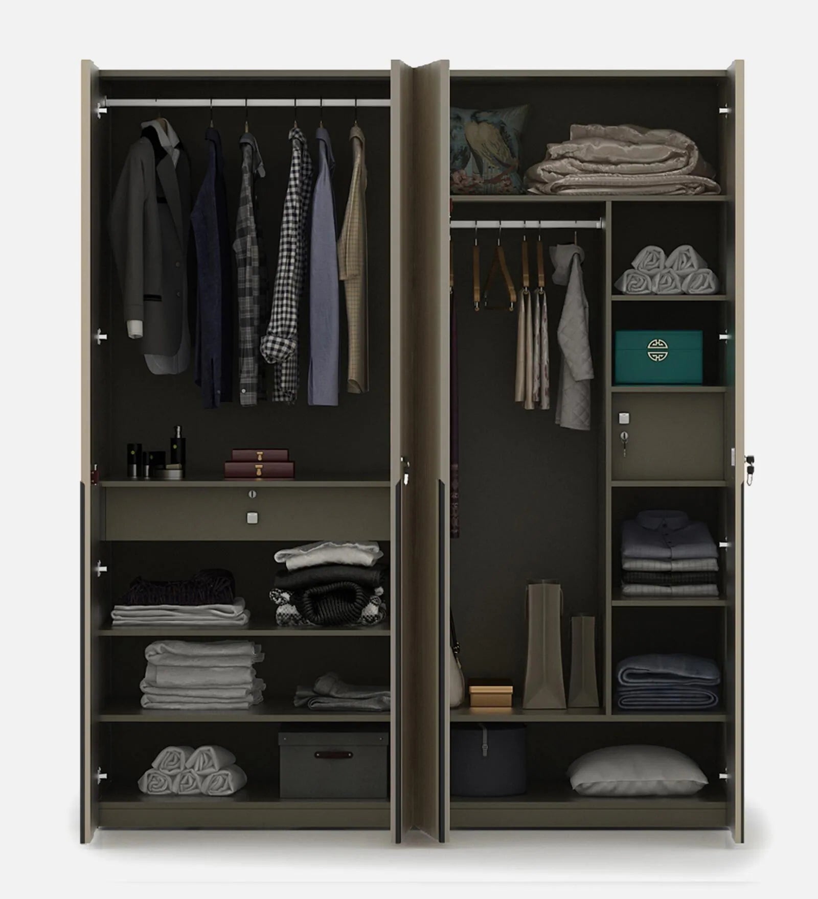 Wardrobe 4‑Door with Modern Design, Soft-Close Mechanism, Designer Handles with Locker and Drawers