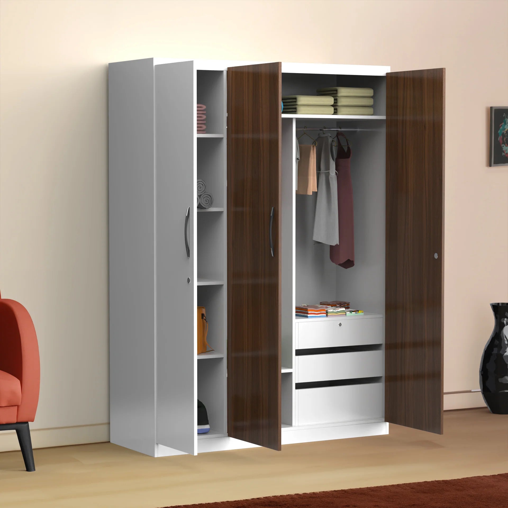 Wardrobe 3‑Door with Hanging Spaces, Drawers & Shelves, Dual‑Tone Design in Classic Walnut & Frosty