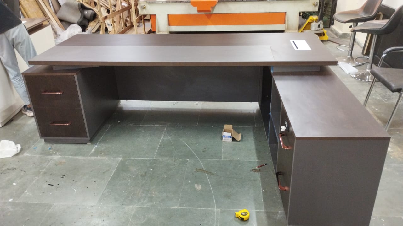 Director L-Shape Office Table Luxury Desk with Locking Drawer, CPU Storage, Desk Return, and Organized Wiring System - Dark Brown