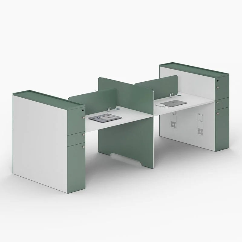 Modern Green & White Collaborative Office Workstations with Privacy Screens, Ergonomic Seating & Integrated Storage Solutions