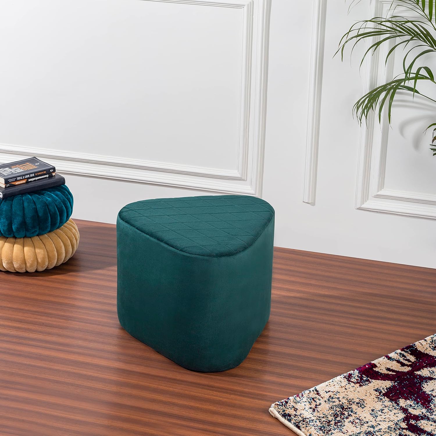 Ottoman Stool For Home Furniture Modern And Durable Design For Living Room, Triangular Plouffe For Bedroom Or Office -Green