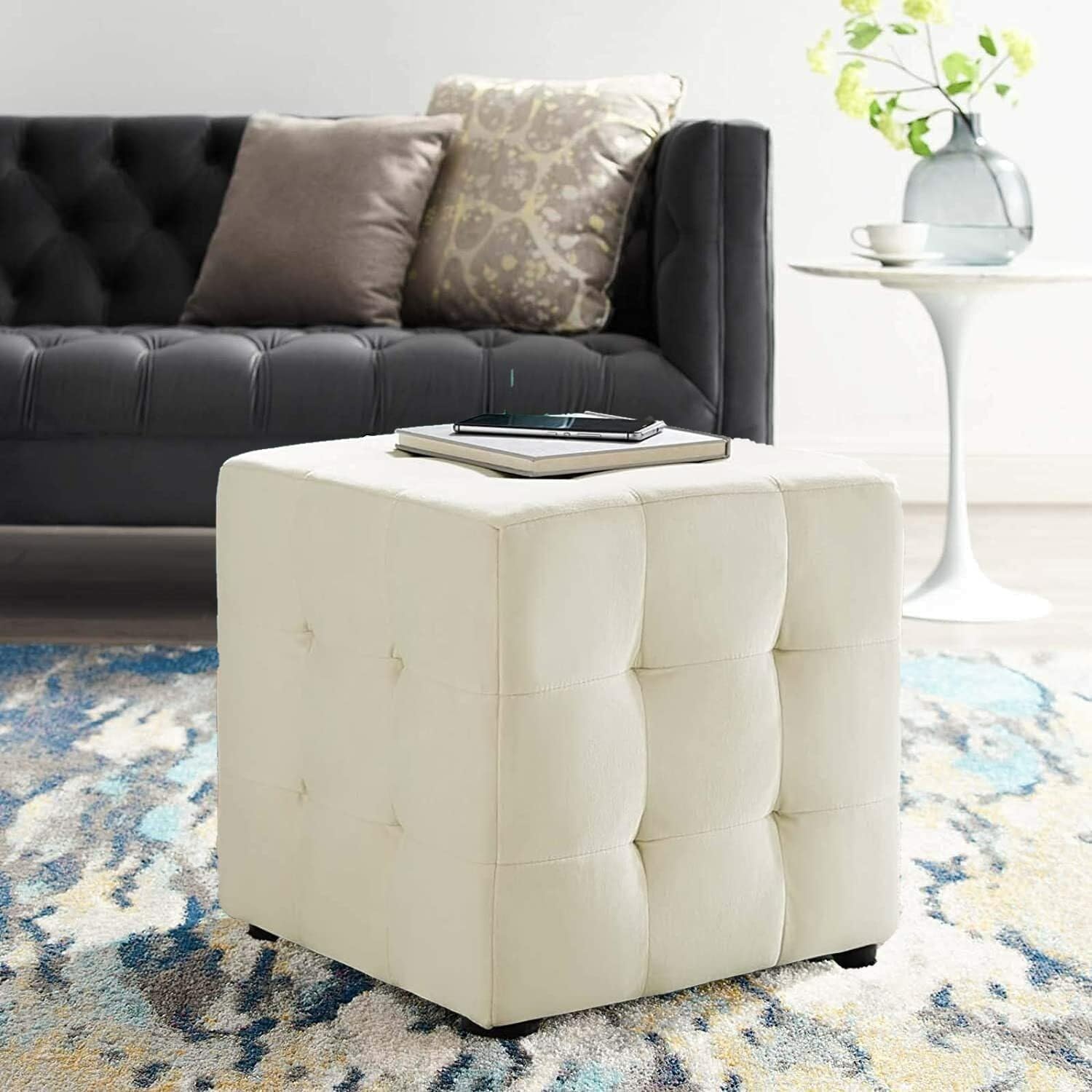 Ottoman Modern Square shape Foot Rest Stool, Pouf for Office Home Décor for living Room, Bedroom, Office - White