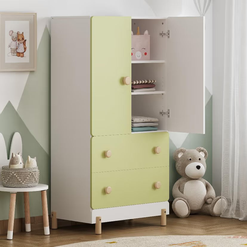 Wardrobe for Kids Room in Green White with Shelves Drawers – Stylish Storage 2 Door 2 Drawer