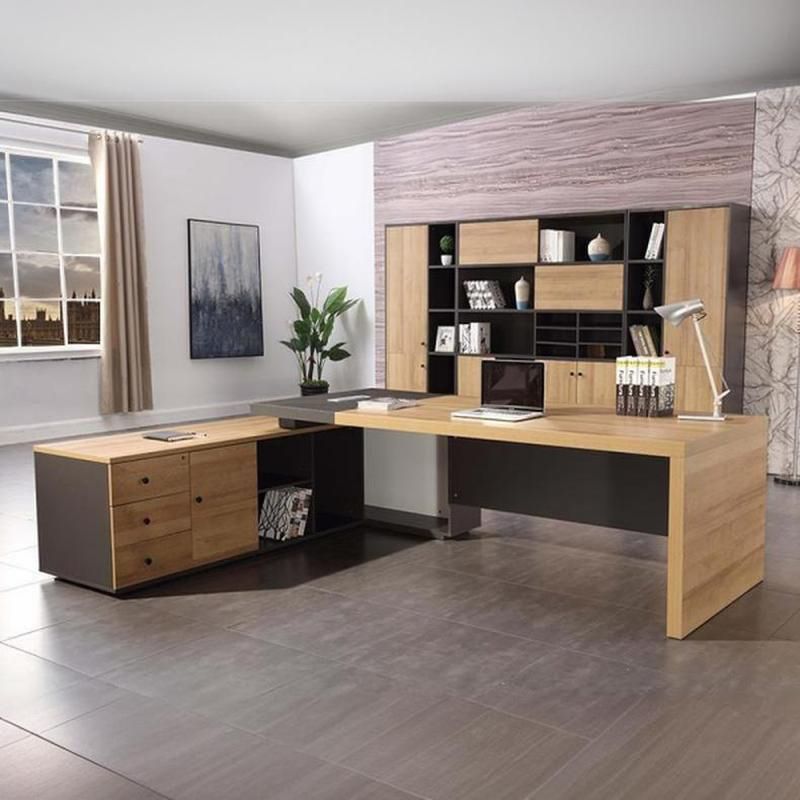 Director & Executive L-Shape Office Table Luxury Desk Made in Particle Board with Side Unit Drawer, Storage, Wire Manager & CPU Storage - Brown