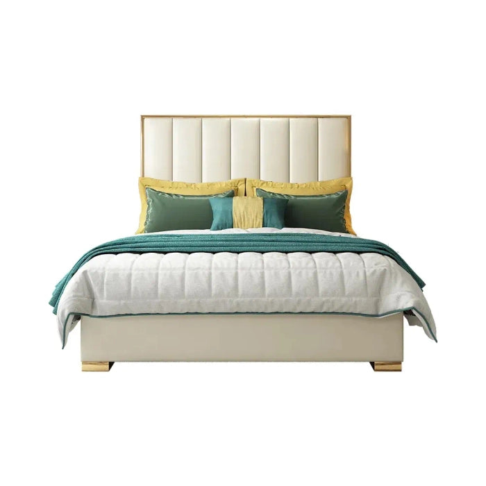 Modern Faux Leather Upholstered Bed – Teakwood & Plywood Frame, 54″ High Headboard