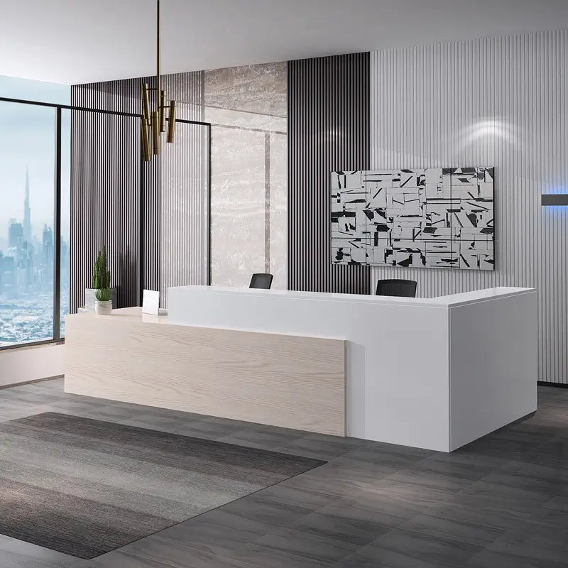Reception Table for Office Luxury Modern L Shape Counter Stylish Design Made in MDF and Self Box & 2 Person Seating Reception Table - Off White Color