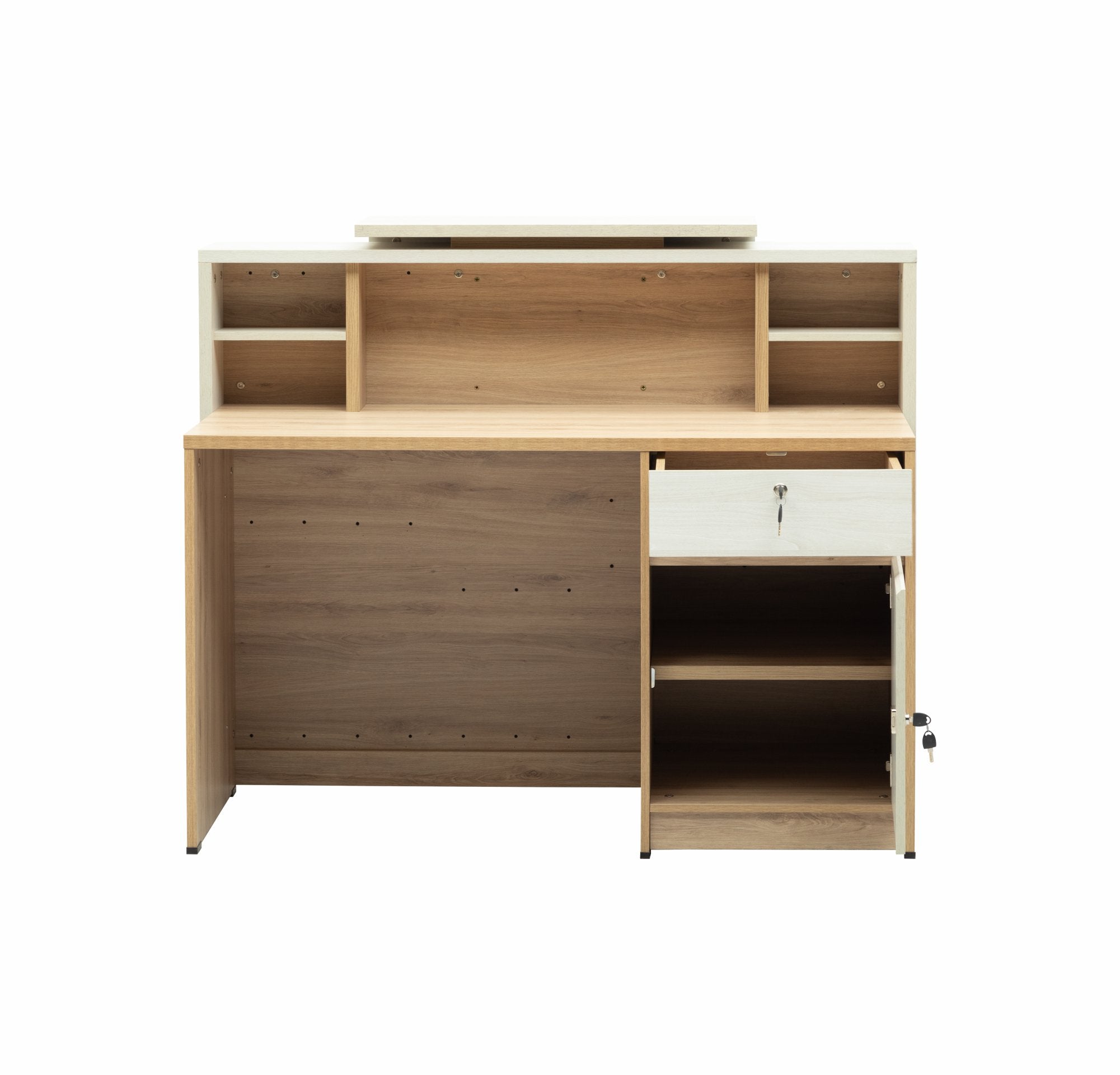 Rustic Reception Table Made in engineered wood with lockable drawer and additional shelves