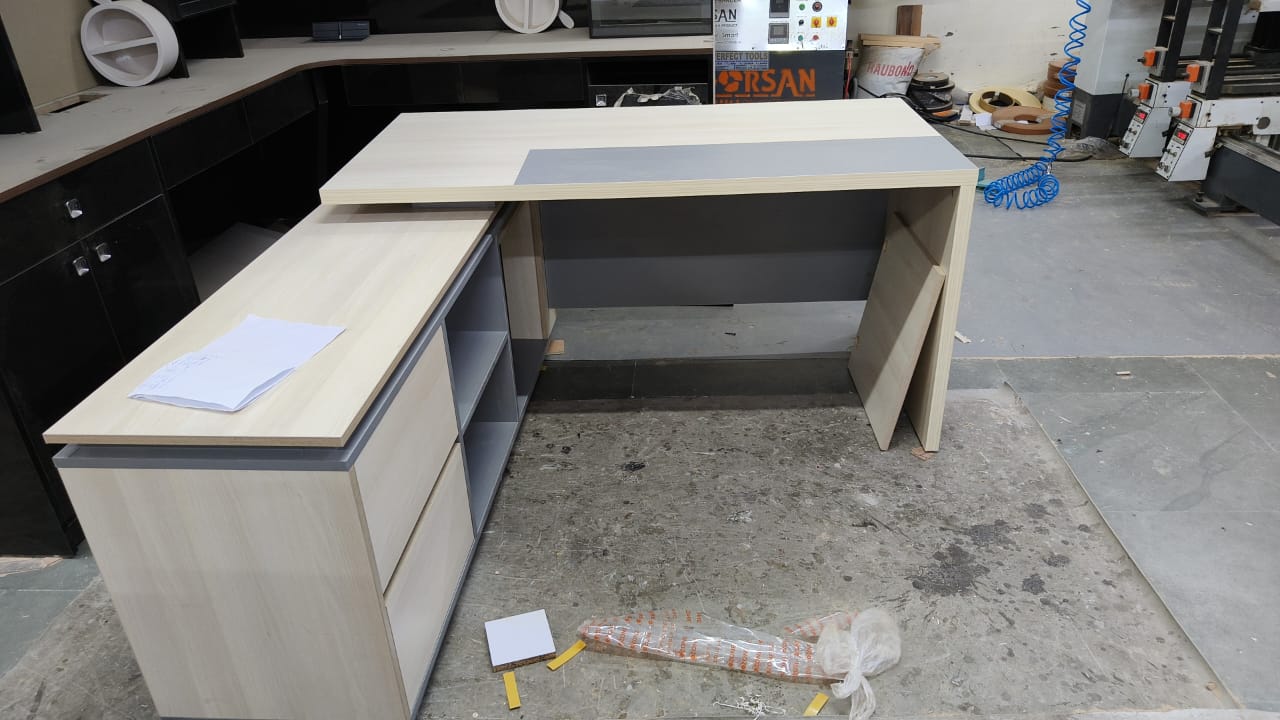 Director L-Shape Table Luxury Modern Office Desk with Made in MDF and Drawers, Shelves, and CPU Storage Space & Charcoal Black