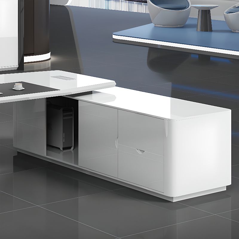 Luxury Director L-Shape Office Table Desk Made in Plywood with Veneer Wire Manager Drawers Lockable and Storage for a Modern Workspace - White