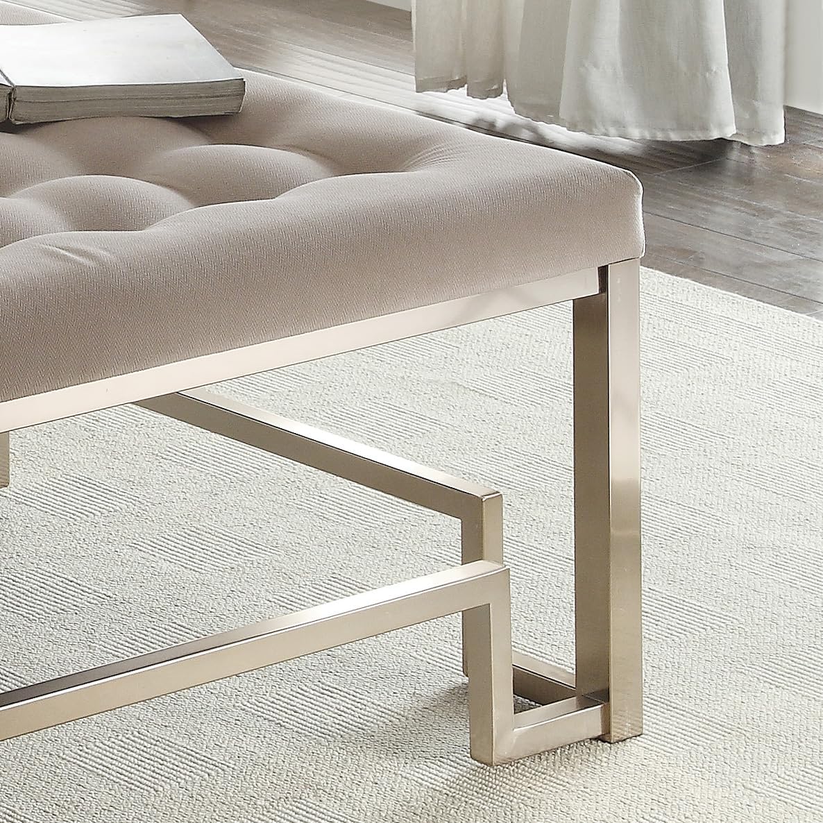 Modern Tufted Square Ottoman Coffee Table with Geometric Gold Metal Base – Elegant Living Room Pouffe