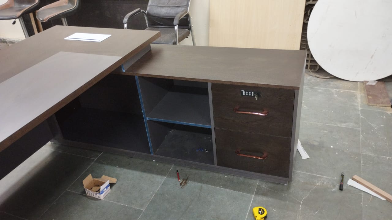 Director L-Shape Office Table Luxury Desk with Locking Drawer, CPU Storage, Desk Return, and Organized Wiring System - Dark Brown