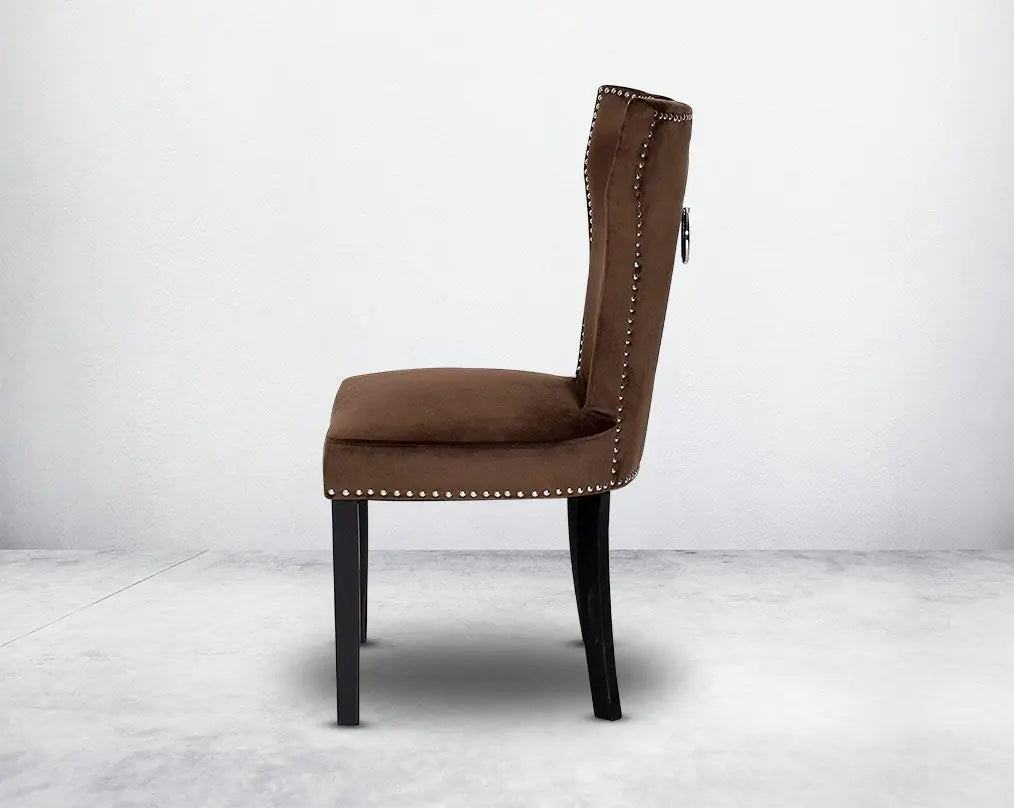 Elegant Brown Velvet Dining Chair with Studded Trim - Luxurious Home Furniture for Dining Room & Kitchen