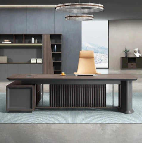 Director & Executive L-Shape Office Table Modern Desk Made in Plyboard with Side Open Shelves, Drawer, CPU Storage & Wire Manager - Brown
