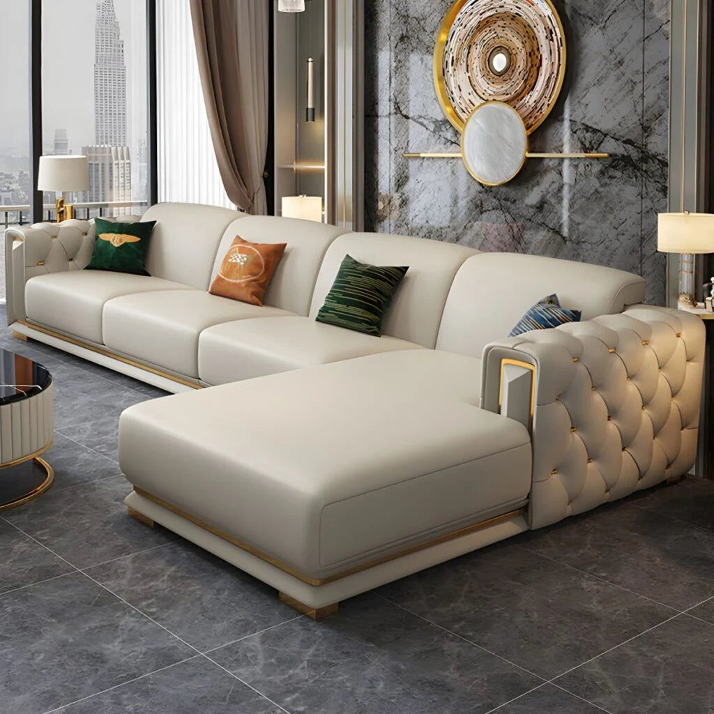 L Shape Sofa For Home & Furniture Upholstery Pu Leatherette Sectional Extra Wide Luxury & Durable Design For Living Room -Beige