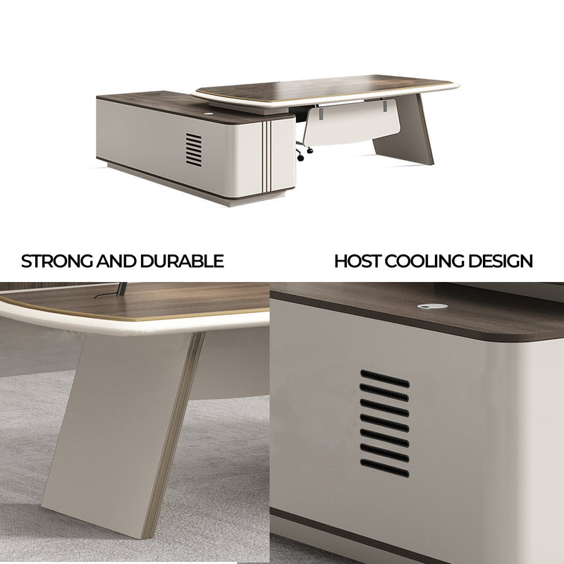Director L-Shape Office Table Luxury Desk with Multi-Function Ports, Hettich & Blum Hardware Drawers and Ample Storage - Beige and Dark Brown