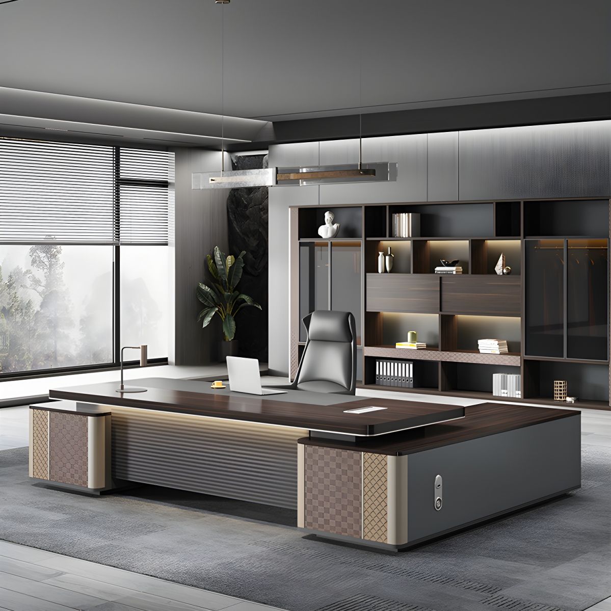 Director & Executive L-Shape Office Table Modern Desk Made in Plywood with Veneer Side Unit Drawer and Storage Wire Manager - Brown