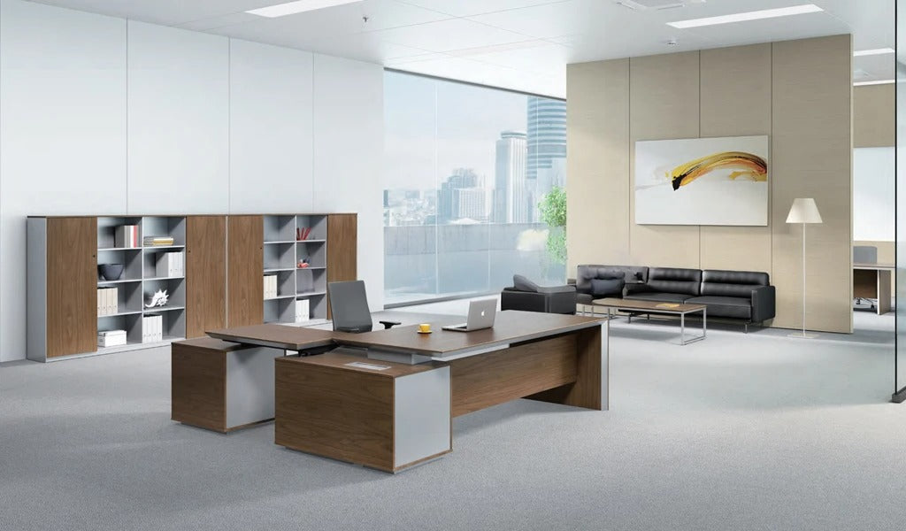 Director L-Shape Office Table Luxury Design Made in Plywood with Premium Hardware Modesty Panel Multi-Functional Wire Box - Walnut Veneer