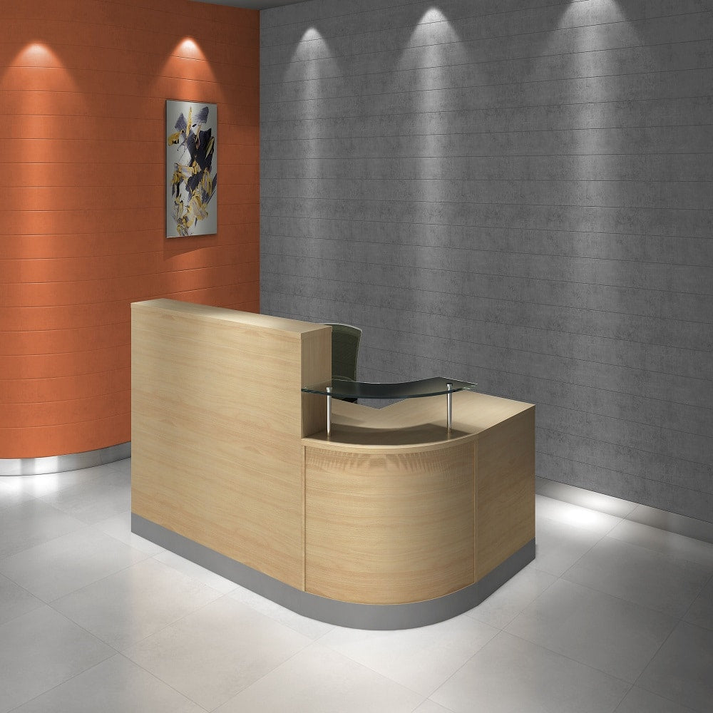 Reception Table for Office and Hotel Front Desk Made in Engineered Wood Having Top Glass Corner, 2 Wire Managers