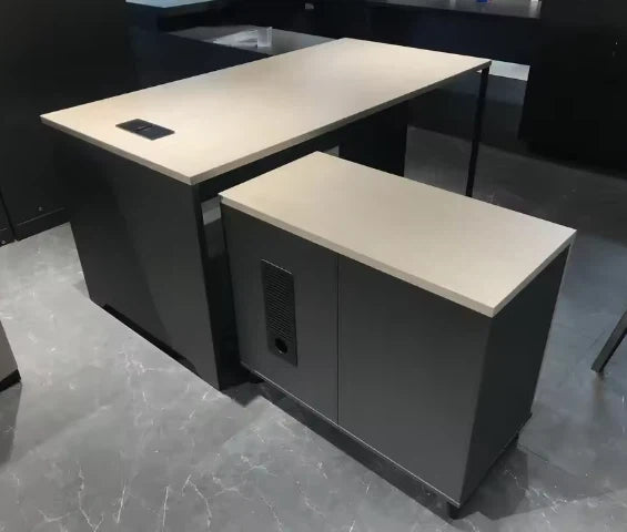 Director & Executive L-Shape Office Table Modern Desk Made in MDF with Side Unit Storage & Drawer & Wire Manager - Bamboo +Iron Gray