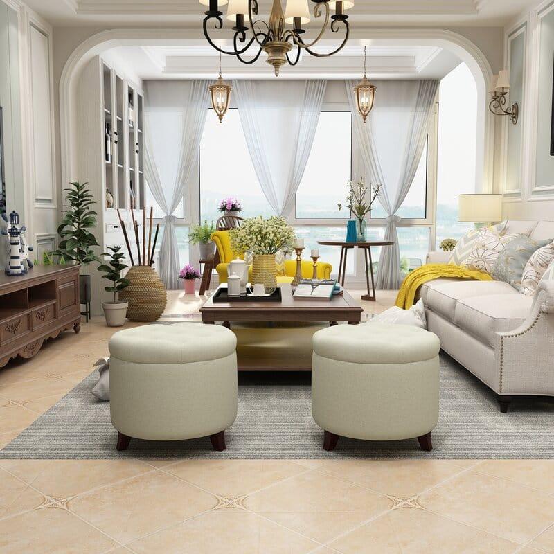 Ottoman For Home Furniture Upholstery Velvet Comfortable Seating With Round Storage Multi-Functional for Living Room -Cream