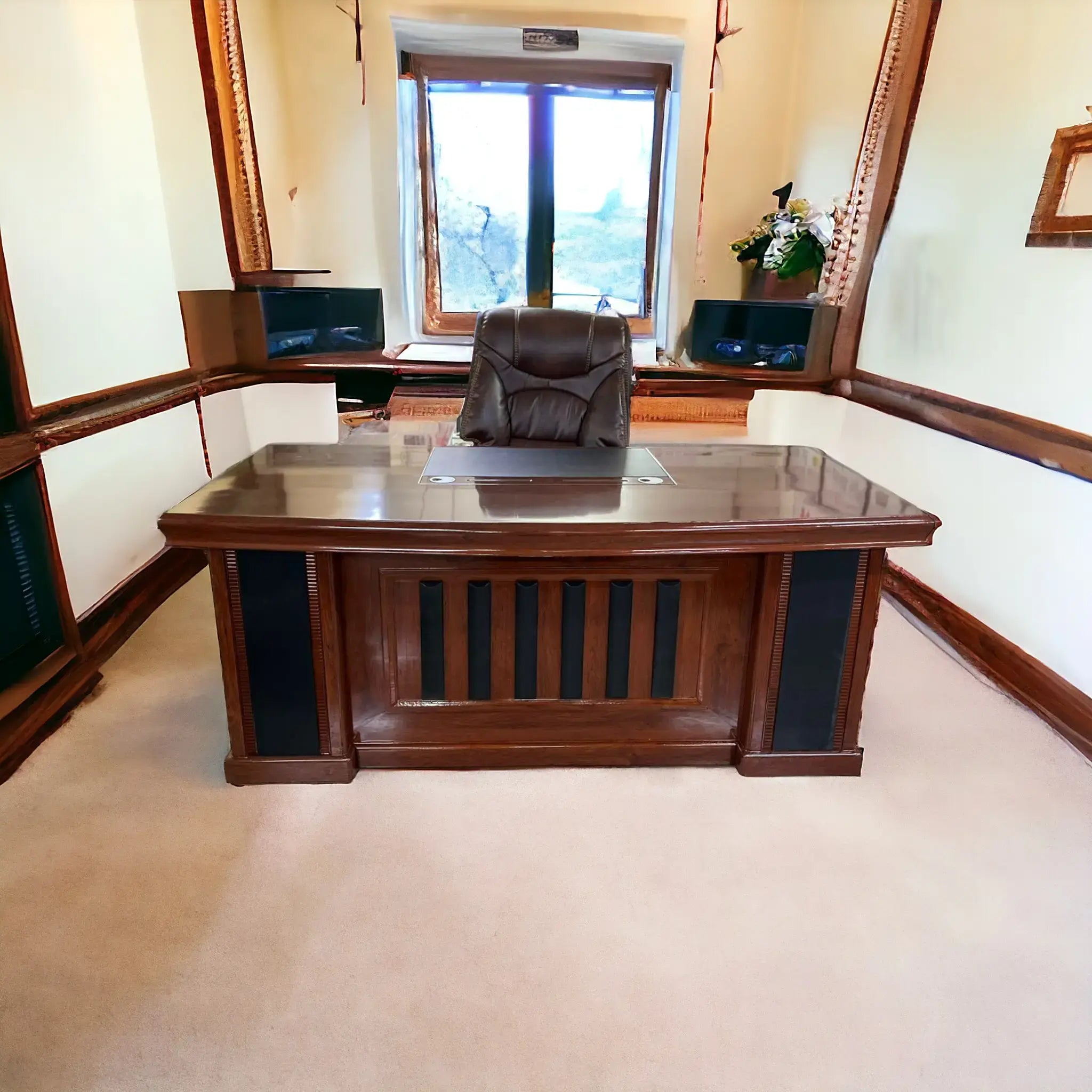 Director and Executive L-Shape Office Table Modern Desk Made in Plywood with Veneer Side Unit Storage & Drawer, Wire Manager & CPU Storage - Brown