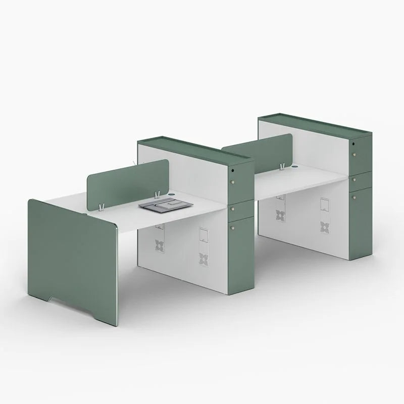 Modern Green & White Collaborative Office Workstations with Privacy Screens, Ergonomic Seating & Integrated Storage Solutions