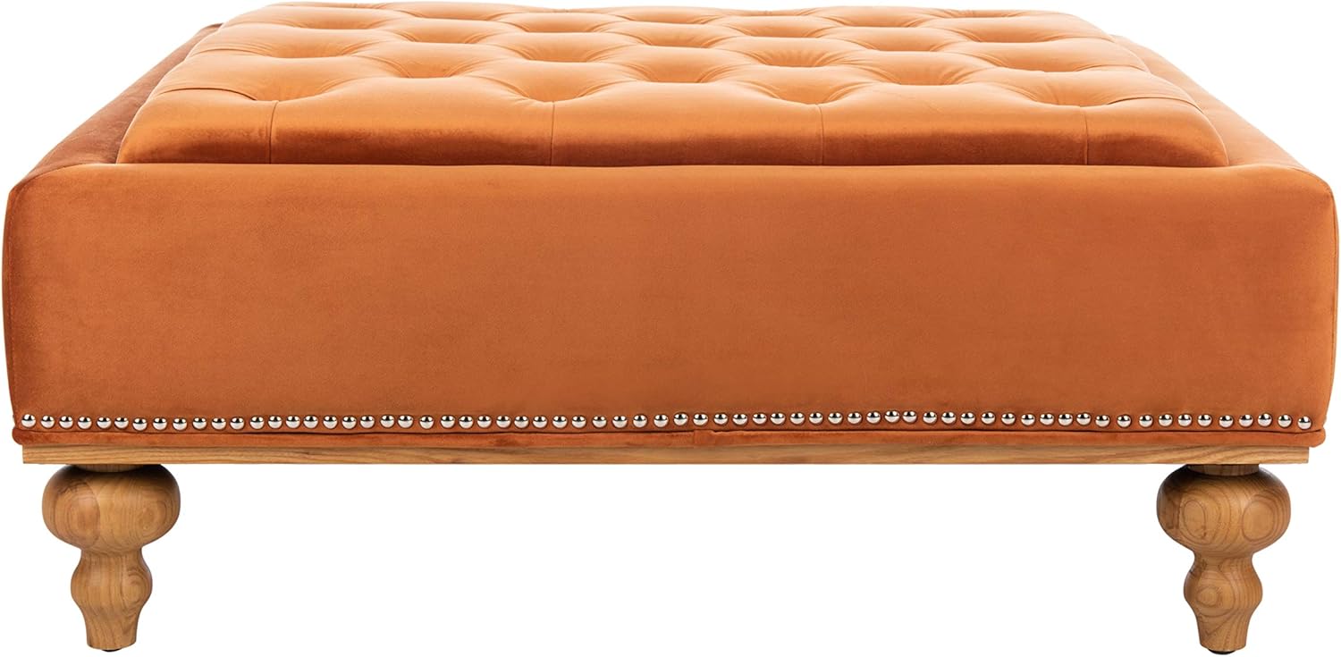 Luxurious Orange Velvet Tufted Storage Ottoman - Elegant Home Furniture Footstool with Solid Wood Legs