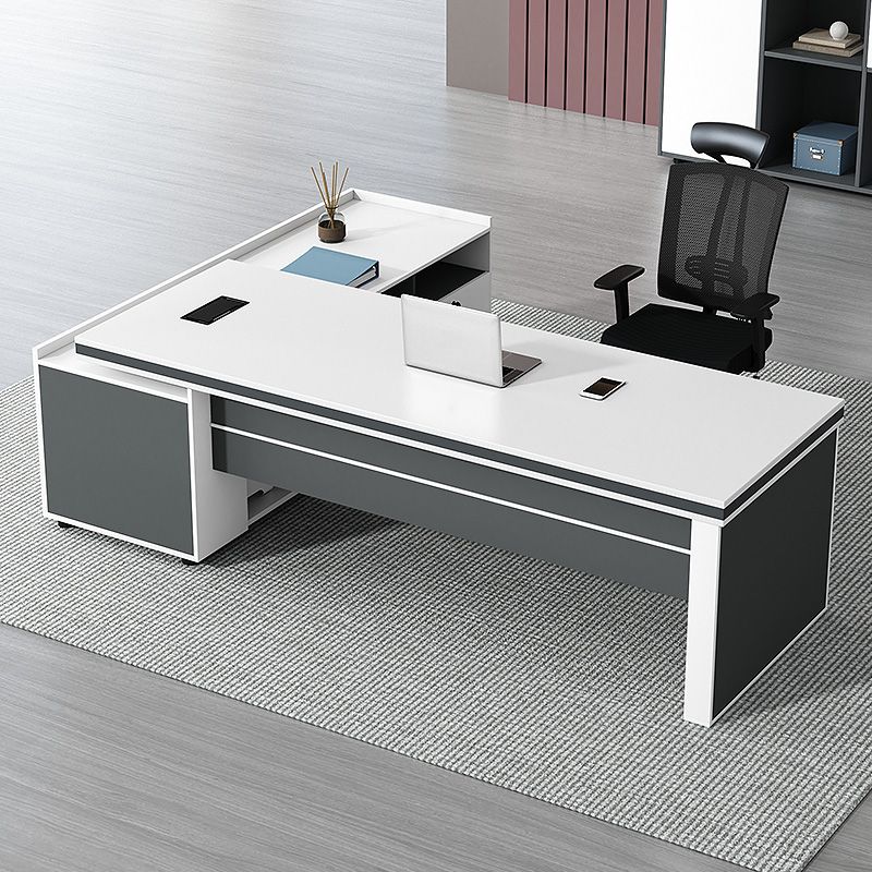 Director & Executive L-Shape Office Table Luxury Desk Made in Particle Board with Side Unit Locking Drawer, Wire Manager, and CPU Storage