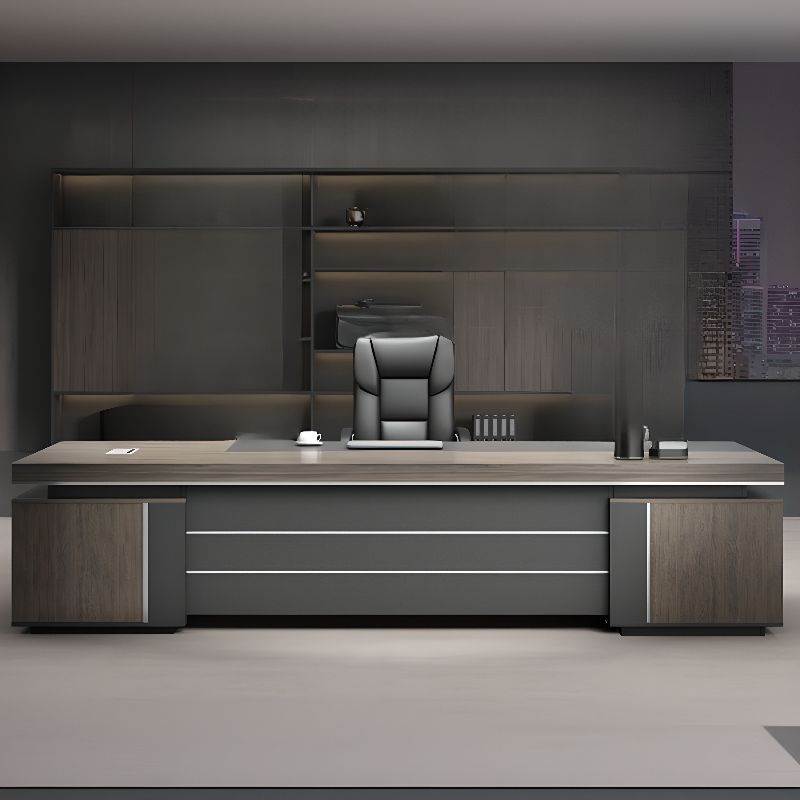 Director L-Shape Office Table Luxury Desk with Locking Drawer, CPU Storage, Desk Return, and Organized Wiring System - Dark Brown