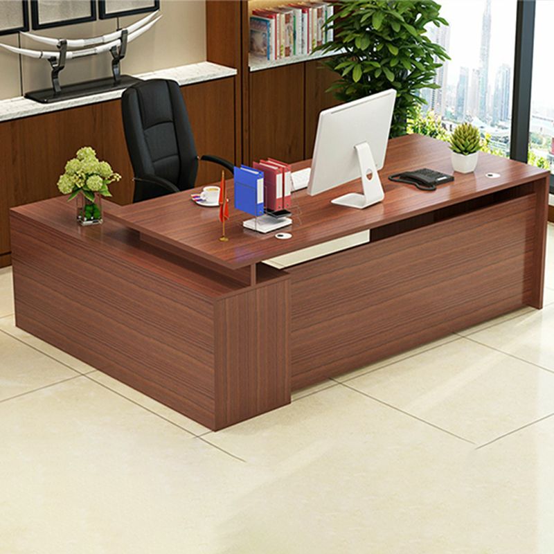 Director & Executive L-Shape Office Table Modern Luxury Desk Made in Particle Board with Side Unit Drawer, Storage, Wire Manager & CPU Storage - Brown