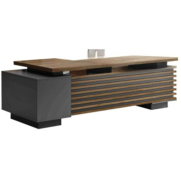 Director and Executive L-Shape Office Table Made in Particle Board with Side Unit Storage & Drawer, Wire Manager & CPU Storage - Brown