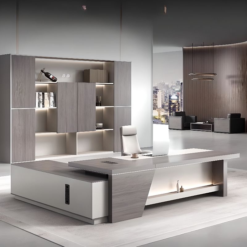 Director L-Shape Office Table Luxury Desk Made in Plywood with Locking Drawer, Reversible Orientation, Wire Manager, and CPU Storage - Grey