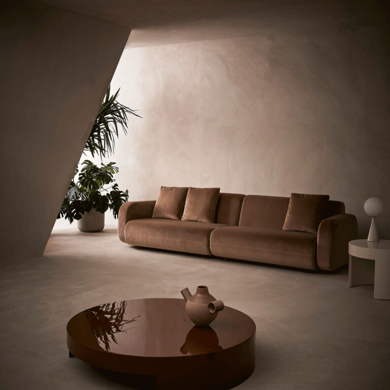 3 Seater Sofa Minimalist Living Room with Luxe Brown Suede Sofa & Sculptural Decor