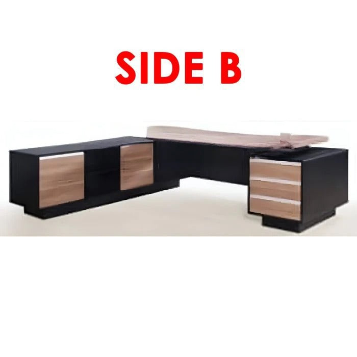 Director and Executive L-Shape Office Table Made in Particle Board with Side Unit Storage & Drawer, Wire Manager & CPU Storage - Brown