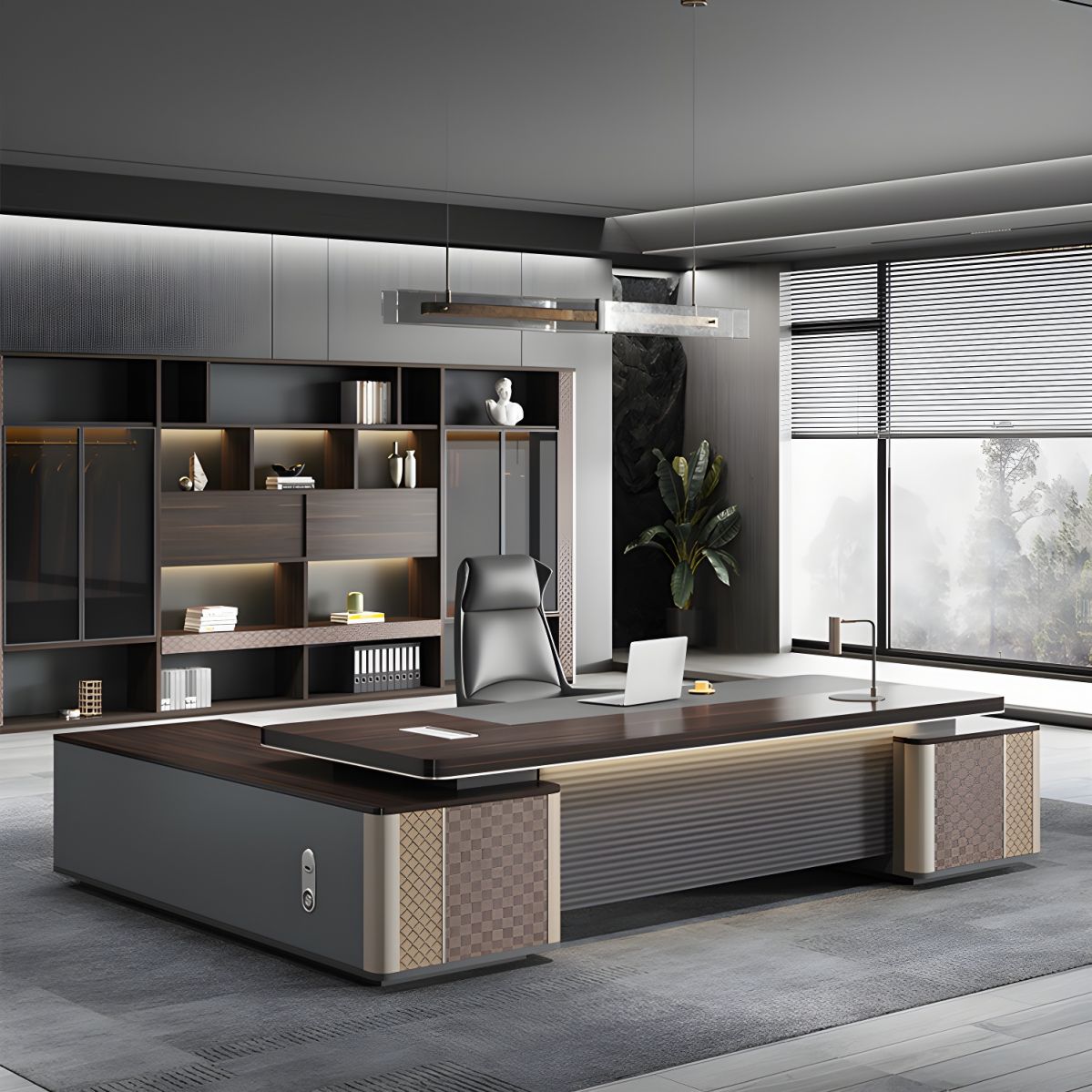 Director & Executive L-Shape Office Table Modern Desk Made in Plywood with Veneer Side Unit Drawer and Storage Wire Manager - Brown