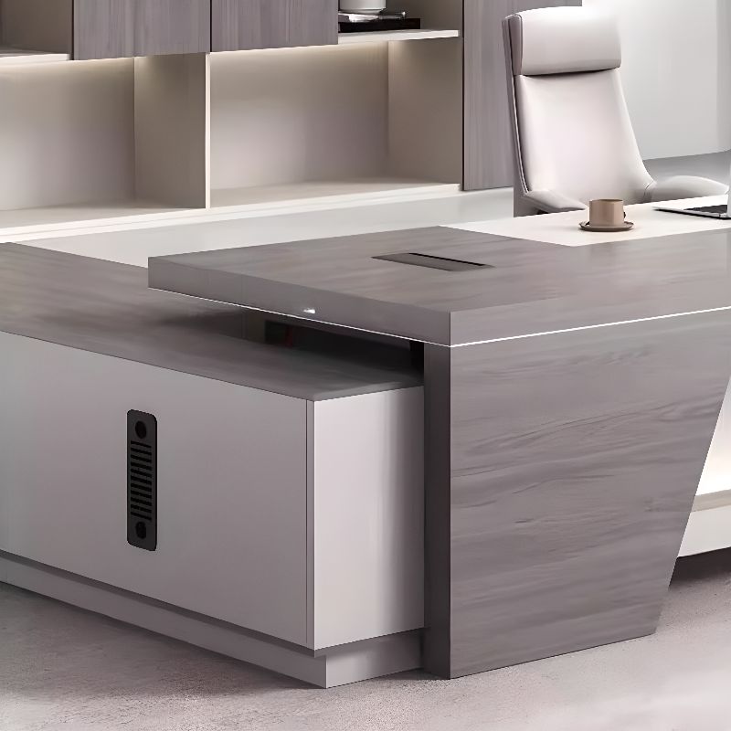 Director L-Shape Office Table Luxury Desk Made in Plywood with Locking Drawer, Reversible Orientation, Wire Manager, and CPU Storage - Grey