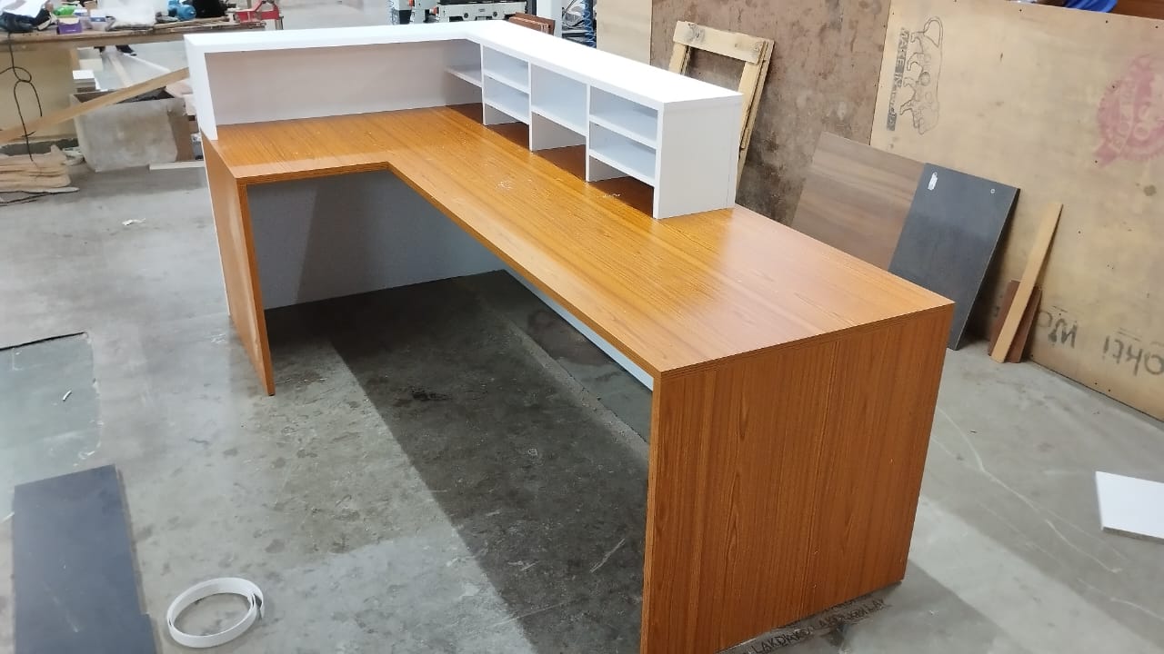 Reception Table for Office Luxury Modern L Shape Counter Stylish Design Made in MDF and Self Box & 2 Person Seating Reception Table - Off White Color