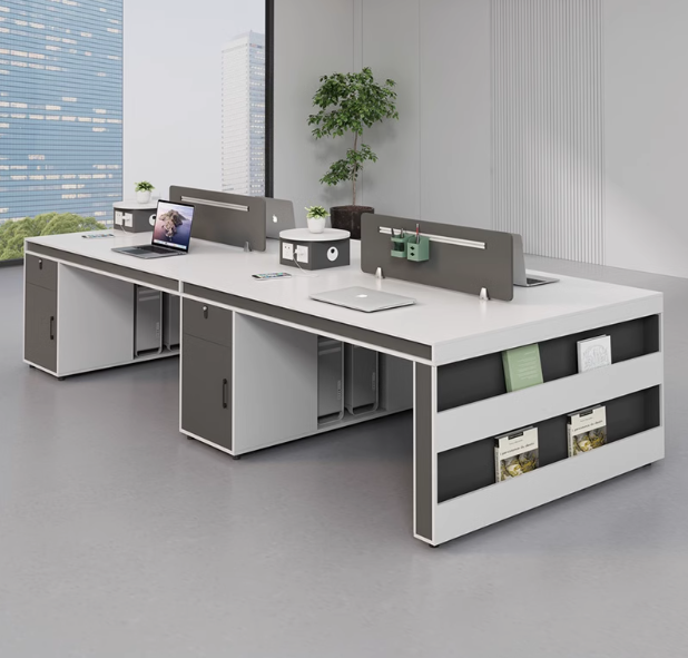 Modern Grey & Wood Collaborative Office Desk Ergonomic 4- Person Workstation with Integrated Storage & Privacy Panels