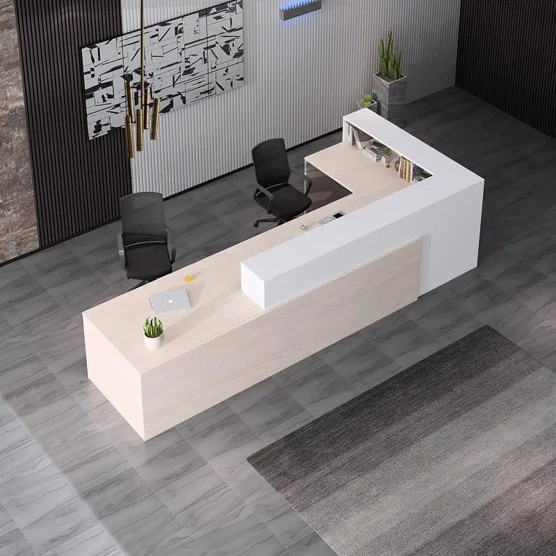 Reception Table for Office Luxury Modern L Shape Counter Stylish Design Made in MDF and Self Box & 2 Person Seating Reception Table - Off White Color